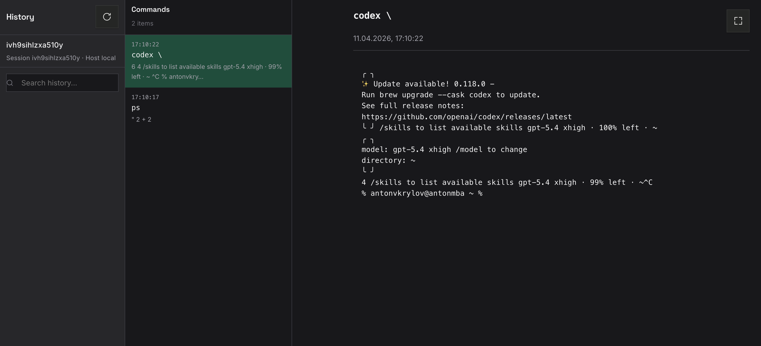 History view showing saved command sessions, timestamps, and terminal playback context.