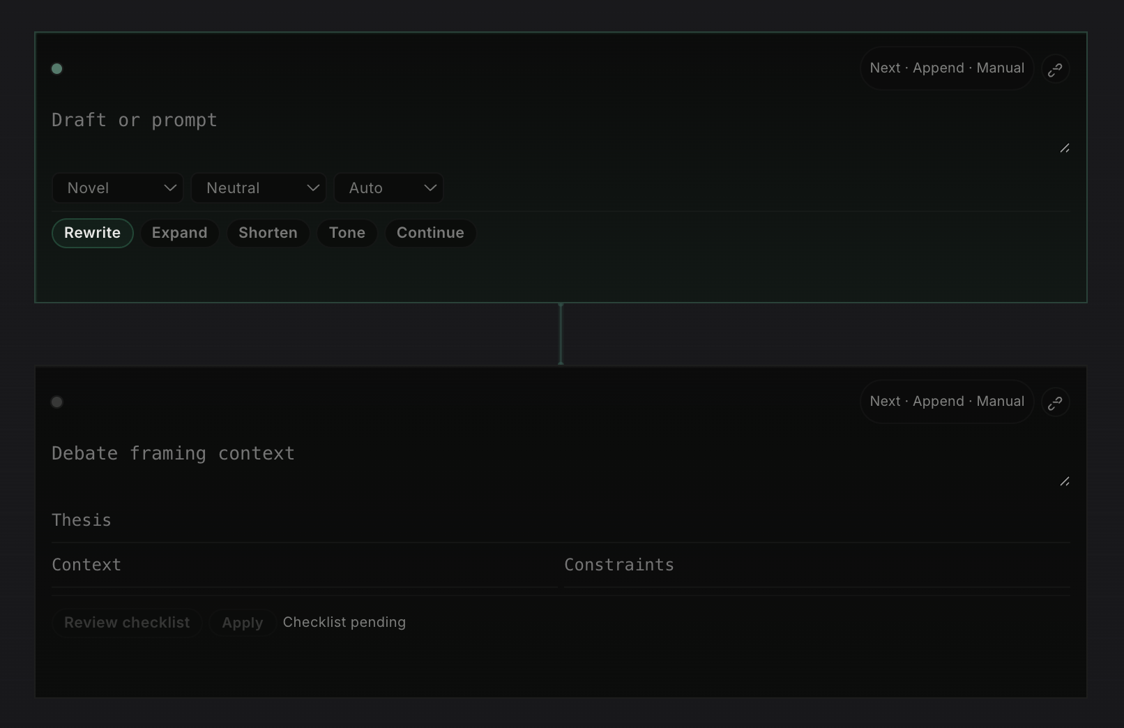 Typed note cells for prompt drafting and debate framing inside the browser workspace.