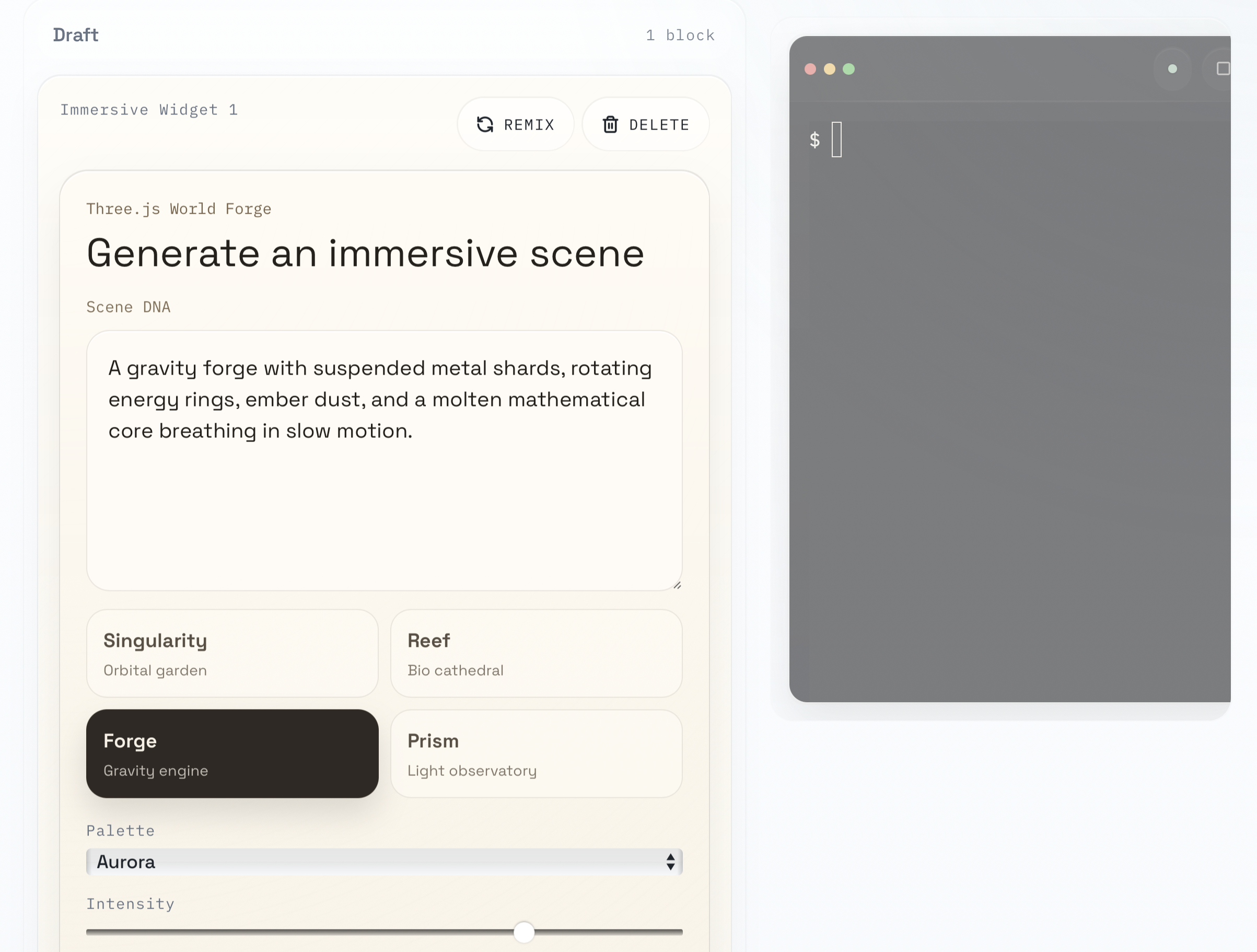 Portal canvas with an immersive widget beside a live terminal widget.