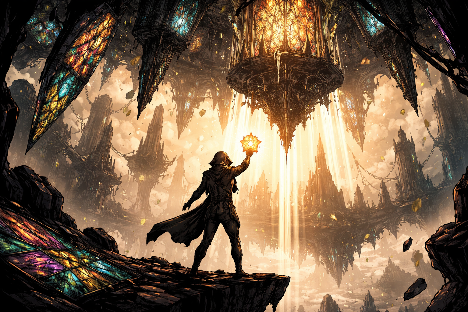 Generated story frame with a figure holding light in a floating stained glass city.