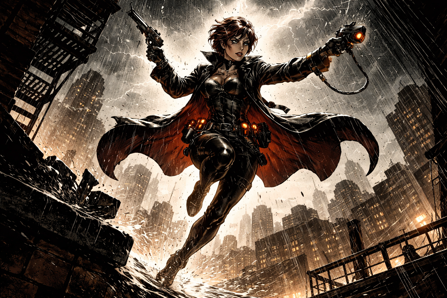 Generated noir action frame with a character moving through rain.