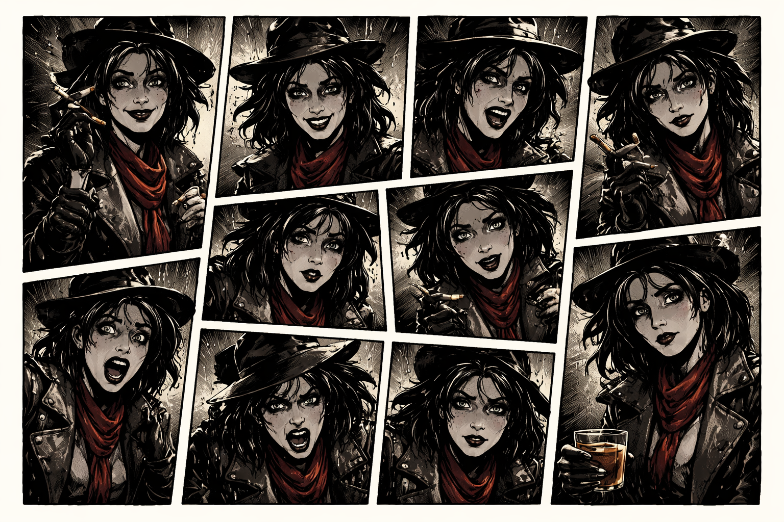 Generated character expression sheet in a comic style.