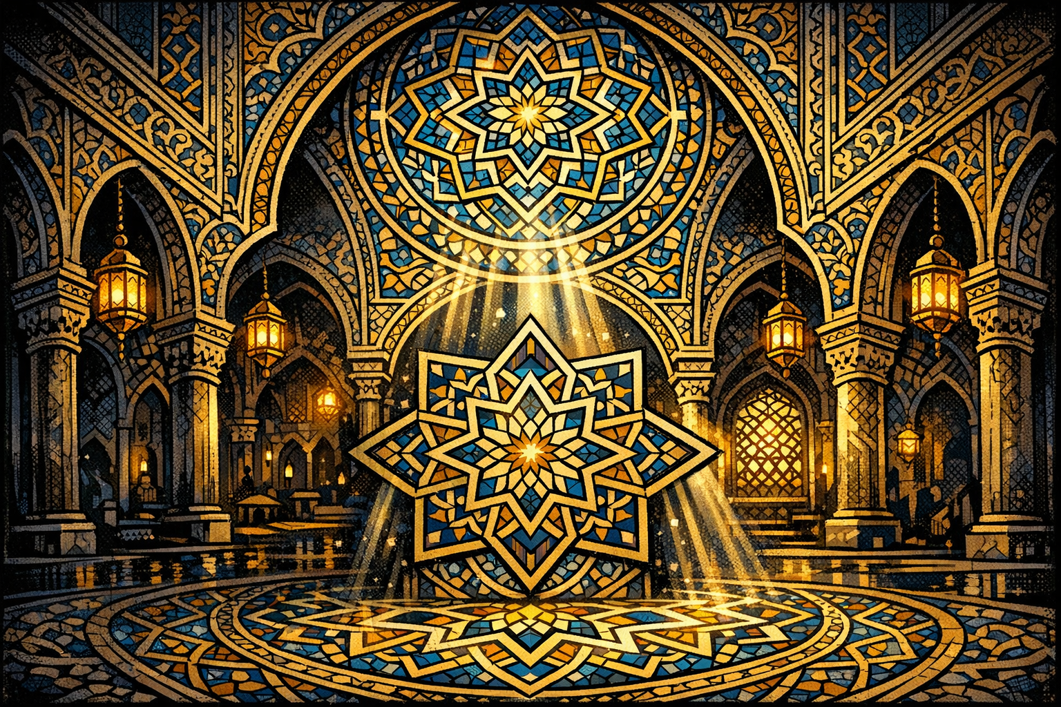 Generated Islamic geometric architecture study with warm interior light.