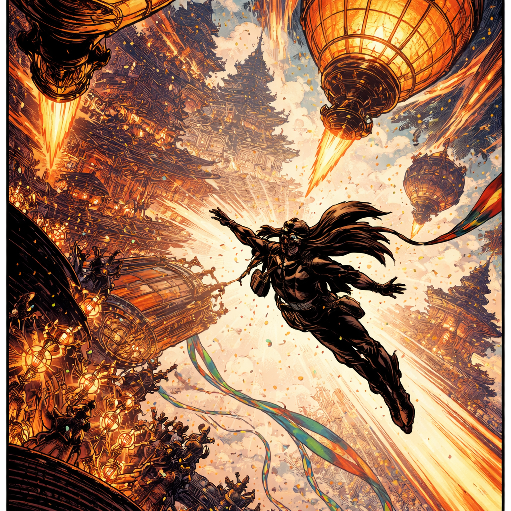 Generated square comic frame with a flying character and lantern city.