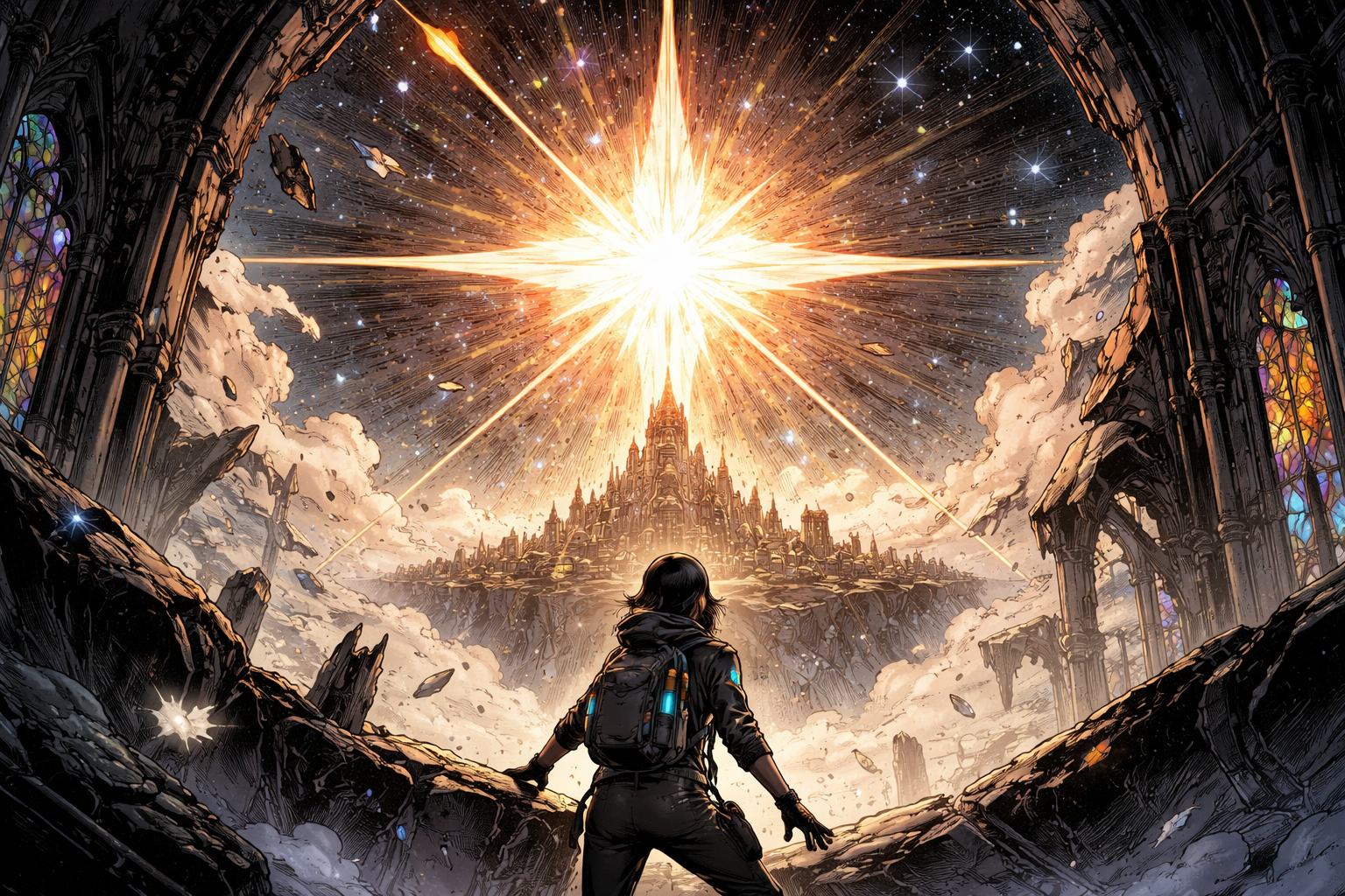 Generated wide story frame with a character facing a star over a distant city.