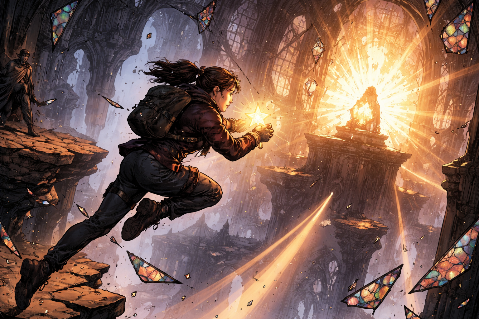 Generated wide story frame with a character carrying a light through ruins.