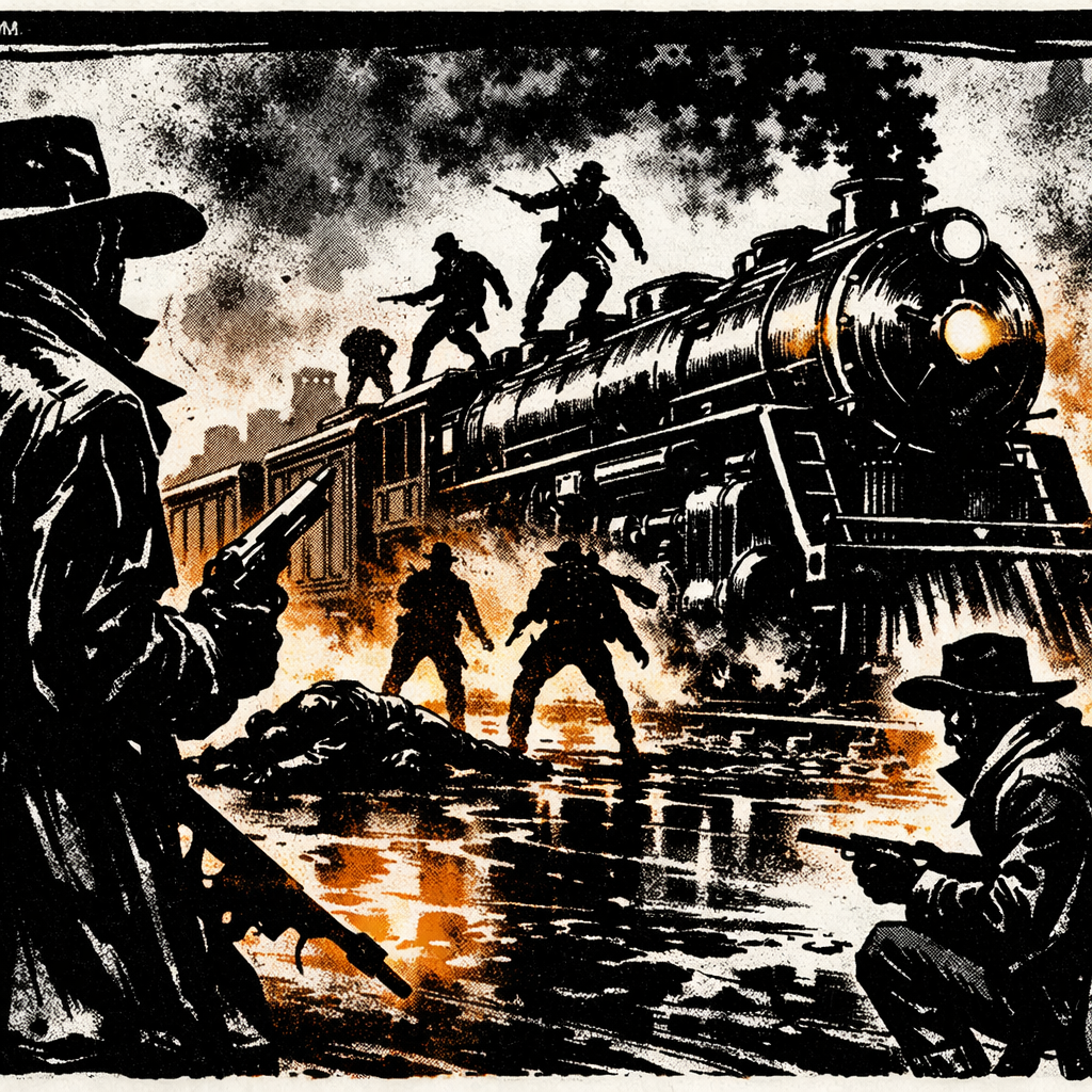 Generated noir comic panel with a train scene.