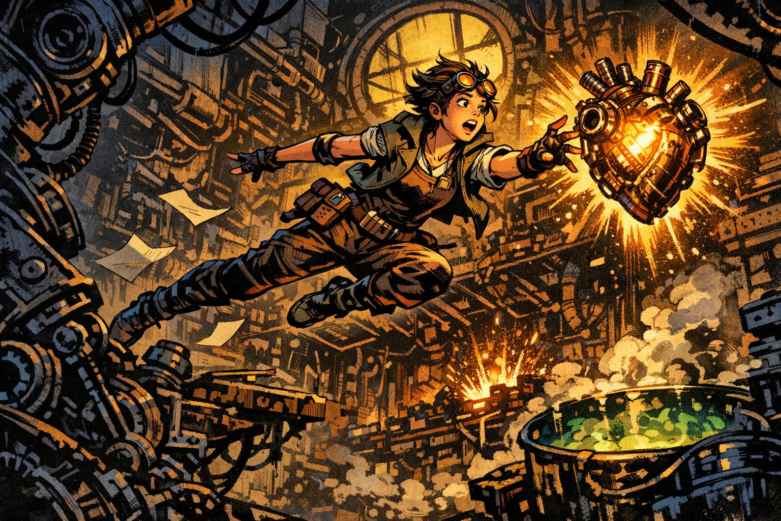 Generated comic story frame with a character reaching toward a glowing device.