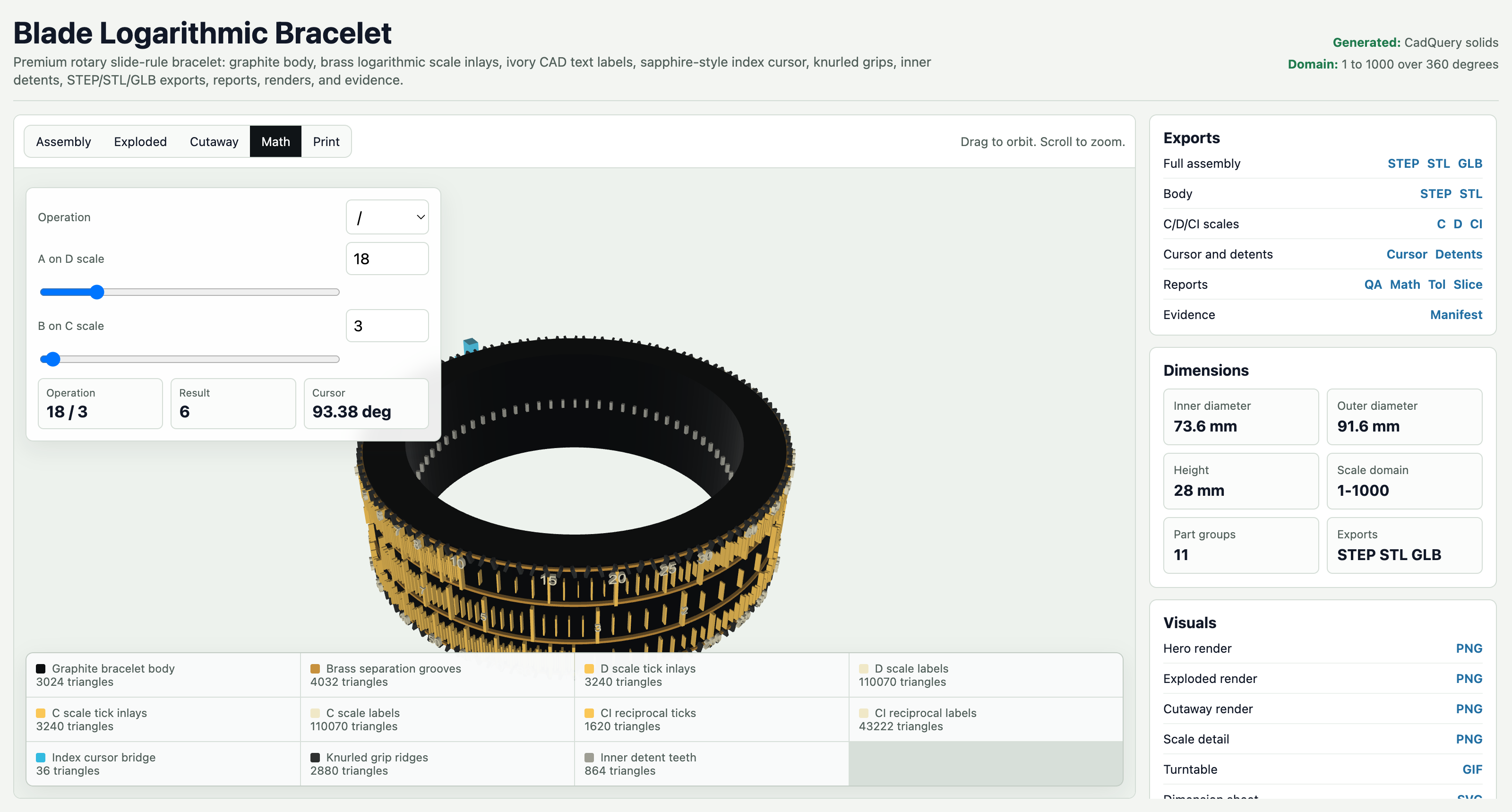 Browser math preview of a generated logarithmic bracelet CAD artifact.