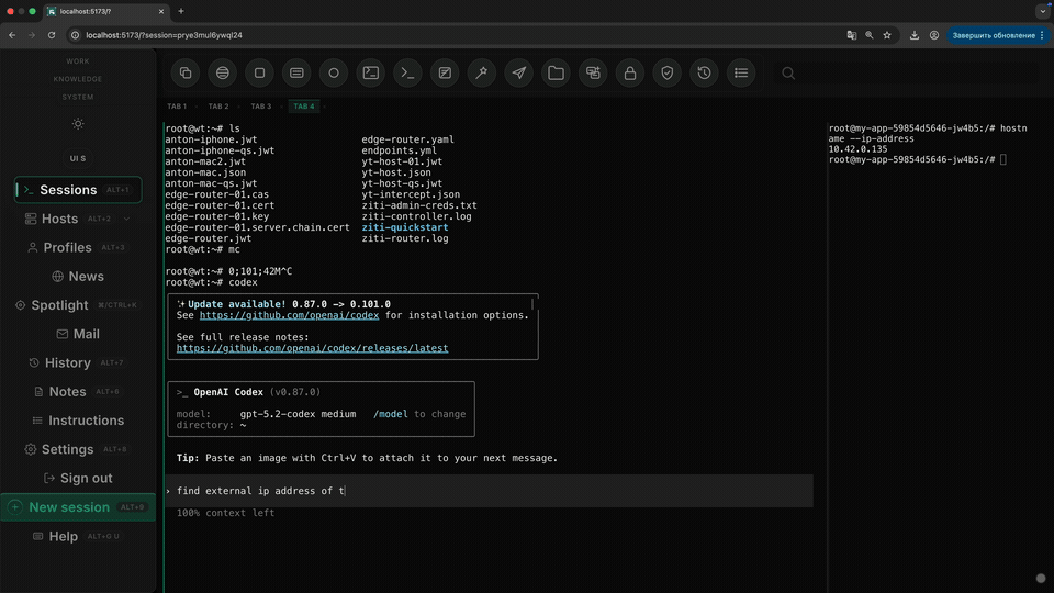 Portal showing terminal panes alongside notes or coordination surfaces.