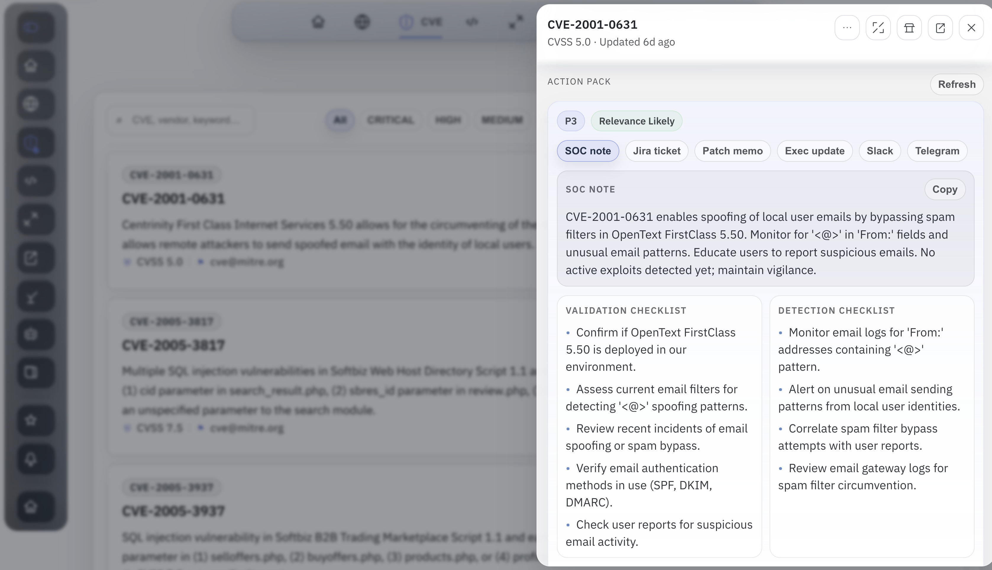 Action pack panel inside the CVE drawer with SOC note, validation checklist, and detection checklist.