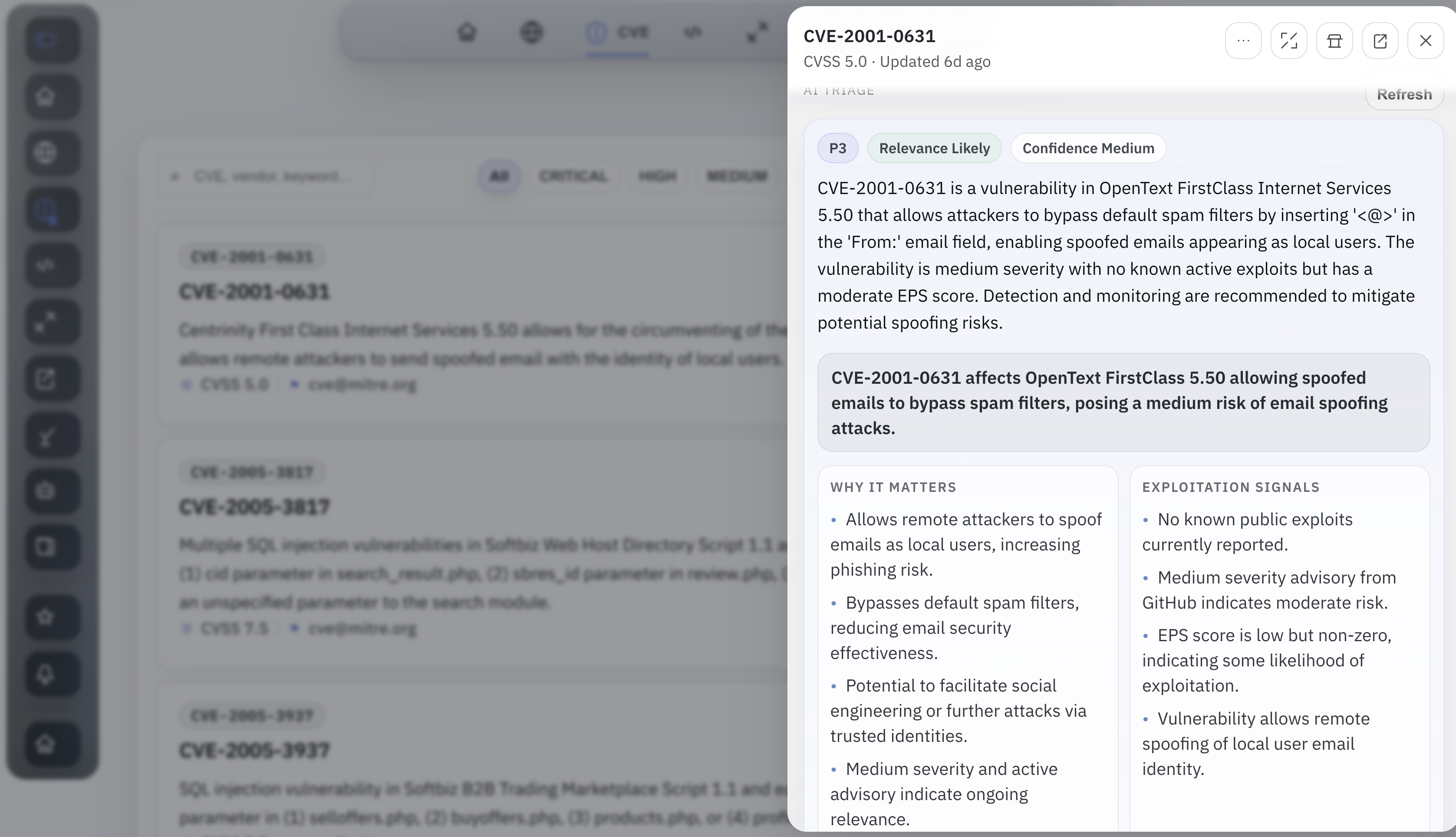 AI triage panel inside the CVE drawer with summary, confidence, why-it-matters, and exploitation signals.