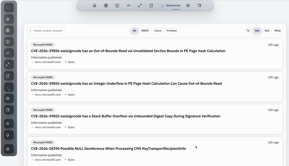 Security app frontend showing a responsive layout and a CVE drawer with AI triage.