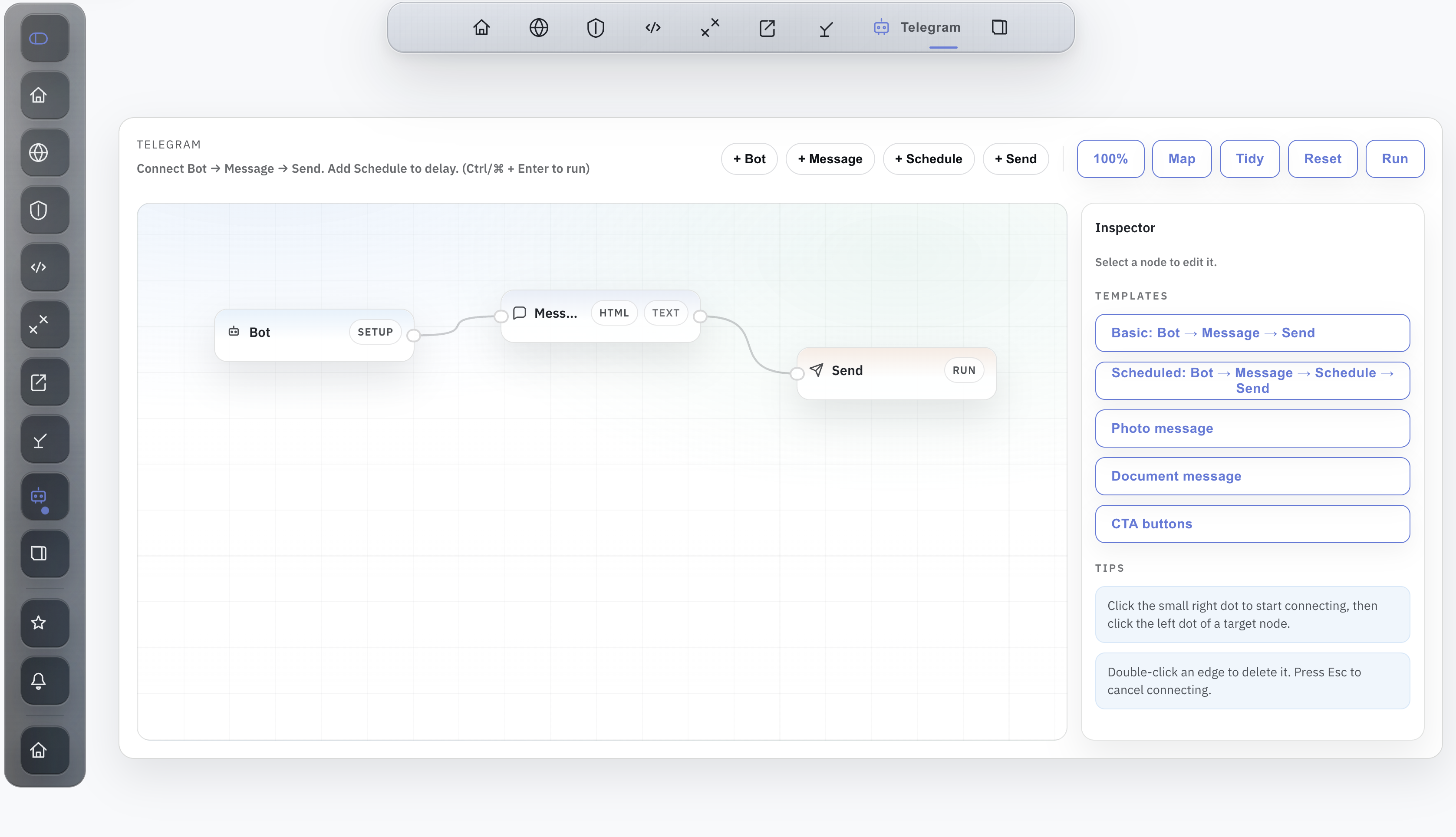 Telegram workflow builder showing a bot, message, and send chain for turning security events into notifications.